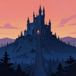 detailed cyberpunk illustration of steep long zig - zag path to an evil sharp castle over a high dark blue hill, orange to pink gradient sky and thunderstorm background. forest underneath