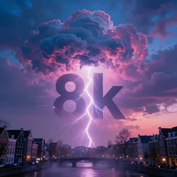 apocalyptic amsterdam with psychedelic clouds in the year 2 1 4 5. 8 k, blue, pink, purple. ambient lightning, haze, fog, glow, sunset, digital art.
