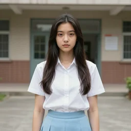 portrait of demi rose wearing white shirt and light blue skirt standing in front of a school, by charlotte grimm, natural light, detailed face, beautiful features, symmetrical, canon eos c 3 0 0, ƒ 1. 8, 3 5 mm, 8 k, medium - format print,