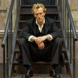 character portrait of john constantine sitting down on a fire escape in the style of j. c. leyendecker, illustration, digital illustration, amazing values, art by j. c. leyendecker, joseph christian leyendecker,