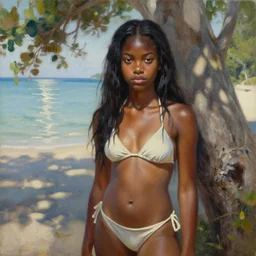oil painting by ilya kuvshinov,, baugh casey, artgerm craig mullins, coby whitmore, of a youthful black girl, long hair, fully clothed bikini at the beach, highly detailed, breathtaking face, studio photography, noon, intense bounced light, water reflection, large tree casting shadow, serine intense sunlight in the style of zack snyder