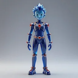 a statue made of blue glass and red jewels, of dr. eggman wearing alexander mcqueen, transhumanism, full body shot, perfect symmetrical body, perfect symmetrical face, hyper realistic, hyper detailed, by johannen voss, by peter kemp, by monia merlo, by michelangelo, octane render, blender, 8 k