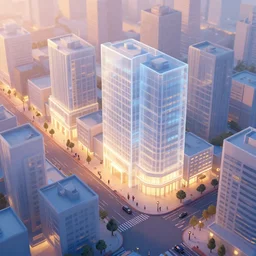 evening light, city, buildings transparent, clean, low poly,, street scene,, by greg rutkowski, top view