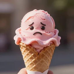 bright digital rendered picture of a depressed pink ice cream cone with a sad face