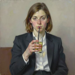 a painting of a woman in a suit holding a drink, an ultrafine detailed painting by allan brooks, featured on deviantart, neo - figurative, ilya kuvshinov, detailed painting, official art