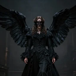 wide shot of a dark angel with black wings spread wide and victorian style clothing, with a dark lace face mask, cinematic lighting, low key contrast, detailed, hyperrealistic, character concept art by tolkien and greg rutkowski