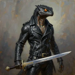 reflective black-scaled thin DnD lizardborn wearing a biker jacket and holding a scimitar, DnD Character, Oil Painting, Greg Rutkowski, beautiful portrait, trending on artstation, character, smug