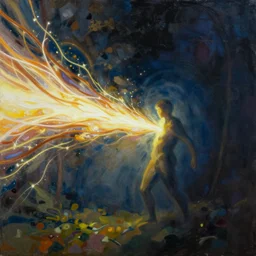 a bright energy stream flowing left to right. it flows through a figure in the center. | painting by craig mullins. the composition and color is different on the left and right sides