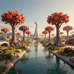 futuristic utopian public space, canals, structures like dr seuss lorax trees, simple image composition