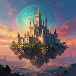 a beautiful hyper realistic detailed matte painting of an island floating in the sky, flying castle citadel, vivid color hues, looks like creativity by john howe, greg rutkowski, gustave dore, ferdinand knab, lush sky above a desolate apocalyptic plain, barometric projection, rectilinear, octane render, ellen jewett, beautiful surreal palatial pulsar at dawn