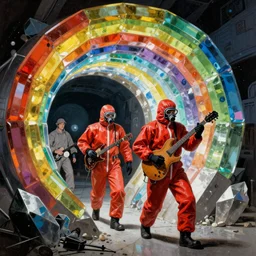 two scientist wearing red hazmat suits in a band, entering the geometric rainbow crystal dimensional gateway by frank frazetta