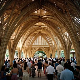 inside small pavilion made of bamboo. complex curved vaulting structure. a large crowd at a party. architectural photography. julius shulman, 4 k, 8 k. volumetric lighting.