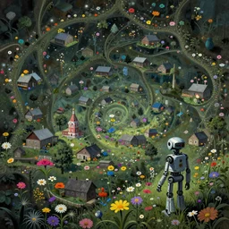 gloomy russian village landscape by simon stalenhag, beeple, makoto shinkai, digital painting, fibonacci, trending on artstation, mandelbrot, beautiful, weird, cyberpunk, flowers, robot