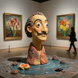 plasticine sculpture stop motion. salvador dali clay models. gallery paintings of flowers. water on floor. room with a small hole. john craxton. high detail. photorealistic. visitors.
