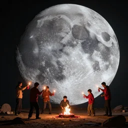 high quality digital art of people lighting crackers on the moon, moon craters are visible, high quality cinematic lights, 8K octane render, art station