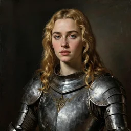 sultry emilia clarke, seductively, blonde hair, wearing medieval armour, portrait, oil painting by titian, hard focus, masterpiece,