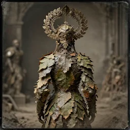 dusty out of focus tintype portrait of realistic armour made of leaves, seen from behind dramatic light, dystopian environment, intricate, elegant, highly detailed, centered headdress, artstation, sharp focus, artgerm, tomasz alen kopera, peter mohrbacher, donato giancola, joseph christian leyendecker, wlop, boris vallejo, frank frazetta