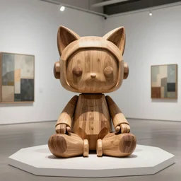 8k octae render photo ,a wooden sculpture artoys on feet ,very cute robot zen méditation with cat ears ,brutalist ,a contemporary art gallery