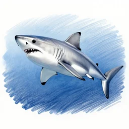 pencil sketch of grate white shark hunting, dark blue colours with white elements