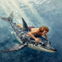 watercolor painting of prehistoric caveman swimming to escape plesiosaurus, paint brush strokes, art by rance jones, masterpiece, cinematic light