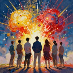 people standing backwards to color explosions old painting colorful,