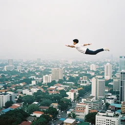 A Filipino teenager flying above Metro Manila, 35mm film, ethereal, rule of thirds by Iwai Shunji