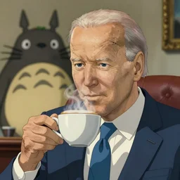 beautiful hayao miyazaki anime style digital painting portrait of joe biden drinking a steaming cappuccino in the oval office, zoom on the cappuccino, studio ghibli, totoro, spirited away, 4 k, 8 k, hd, high resolution, highly detailed, intricate detail, ultra realistic faces, digital art, trending on artstation, pixiv