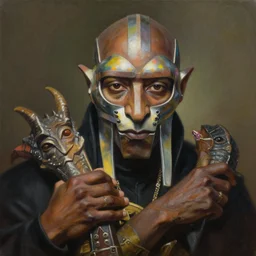 beautiful lifelike painting of mf doom as king ghidora being taken to your leader, hyperreal detailed facial features and uv lighting, art by ed roth and basil wolverton