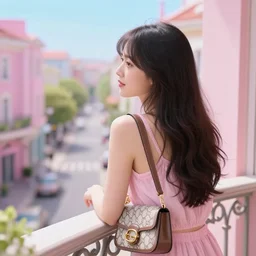 a vibrant dream of a beautiful girl wearing gucci from behind on a balcony looking out over a dreamy street in kyoto japan, lush plants, glowing paper lanterns, high fashion, magic details, by james jean, hd, 8 k, trending on artstation, uhd,