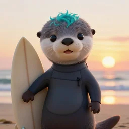a beautiful portrait of a cute anthropomorphic grey otter fursona furry on the beach wearing a wetsuit holding a surfboard, turquoise hair orange nose, smiling, sunset, volumetric light, detailed, by cory loftis, photorealistic, 4 k, hdr, artstation, deviantart, digital illustriation