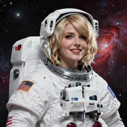 highly detailed portrait of a hopeful pretty astronaut lady with a wavy blonde hair, by Apollonia Saintclair, 4k resolution, nier:automata inspired, bravely default inspired, vibrant but dreary but upflifting red, black and white color scheme!!! ((Space nebula background))
