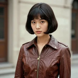 ektachrome, telephoto, highly detailed : incredibly realistic, youthful asian demure, exquisite features, feminine cut, 1 9 7 0 s frontiers in flight leather suit