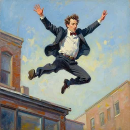 buster keaton jumping of a building, expressive oil painting, incredible detail, colorful art