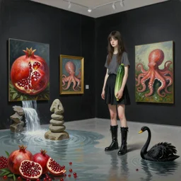 painting of flooded modern art gallery, paintings on black walls, a tall emo girl holding a courgette and wearing black demonia boots, pomegranates, octopus, waterfall, stone sculpture, zen, black swans, berries, surrealist, by magritte and monet