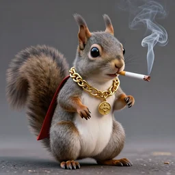 an nft of a grey squirrel re-imagined as a superhero, wearing gold chains and smoking a cigarette.