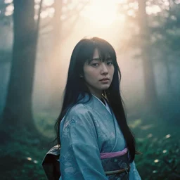 portrait bust of woman, haruka fukuhara, soft hair, film grain, kodachrome, dense forest, long black hair, kimono, heavy fog, backlit, princess mononoke, 4 k, greg rutkowski, dramatic lighting, sunrise, hayao miyazaki, masashi ando, nizou yamamoto, kazuo oga, joe hisaishi, yoji takeshige, naoya tanaka
