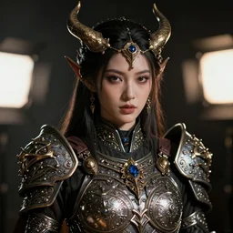 A close-up portrait of a beautiful woman demon priestess wearing finely detailed armor forged by the ancient gods with studio lighting background unreal engine trending on artstation