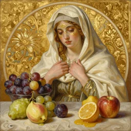 le quattro stagioni summer masterpiece ultrarealistic ultradetailed painting of catholic veiled lady beside fruits, still life, greg rutkowski, immerse, slime, 2 0 th century, special effects makeup,, maximalist, glittering, gold, ivory, hyperreal, golden ratio, pinterest, alphonse mucha