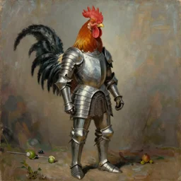 “rooster man dressed in armor, oil painting by alberto savinio”