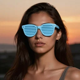 a woman with light blue shutter shades in front of a sunset, a dark brown leather jacket, vector art by jan tengnagel, pixabay contest winner, retrofuturism, retrowave, synthwave, outrun, portrait,