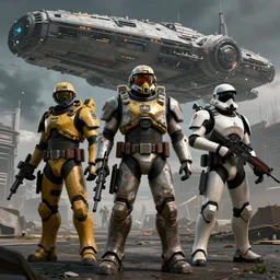 Three enclave soldiers standing in the foreground, Half-Life Combine, Fallout Enclave Armor, Wolfenstein, Killzone, Deathtrooper, huge spaceship