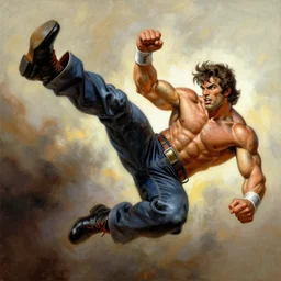 jack mcbrayer as ken masters from street fighter, kicking midair, painting by frank frazetta, 4 k, ultra realistic, highly detailed,