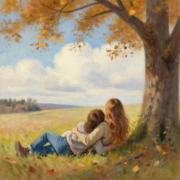landscape pastel of tiny young man with long brown hair and woman with long light brown hair, arms around him, laying under a tree looking at clouds autumn, ( ( ( wearing jeans ) ) ), by charles sillem lidderdale.