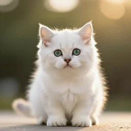 an adorable smol fluffy white kitten with green eyes at golden hour, bokeh,