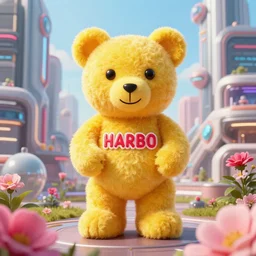 portrait of haribo bear in future city, color and shape focus, central composition, natural light, bloom, puff, by simon stalenhag and rene magritt