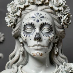 detailed realistic porcelain beautiful intricate calaveras goddess face portrait by jean delville, gustave dore, iris van herpen and marco mazzoni, art forms of nature by ernst haeckel, art nouveau, symbolist, visionary, gothic, neo - gothic, pre - raphaelite, fractal lace, intricate alien botanical biodiversity, surreality, hyperdetailed ultrasharp octane render