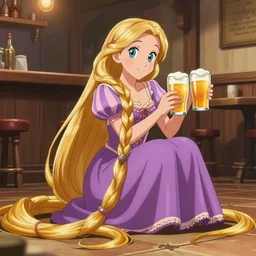 rapunzel brings two glasses of beer, long hair down to the floor, beautiful face, tavern interior, anime style, digital art