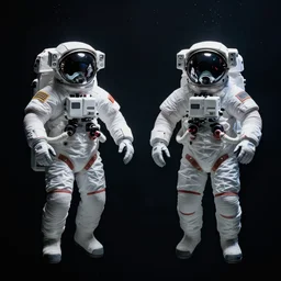 symmetrical astronauts in dark and empty void underwater - complex and hyperdetailed technical suit. reflection and dispersion materials. rays and dispersion of light. volumetric light. 5 0 mm, f / 3 2. noise film photo. flash photography. ultra realistic, wide angle. poster by wayne barlowe, hajime sorayama aaron horkey, craig mullins