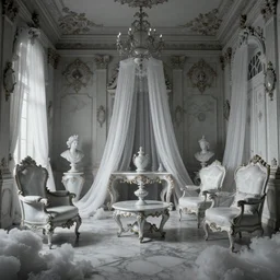 a Gothic baroque porcelain room furnished with baroque furniture made of porcelain and white veils, explodes. trending on artstation, sensual gloomy, volumetric clouds, unreal render, depth of field
