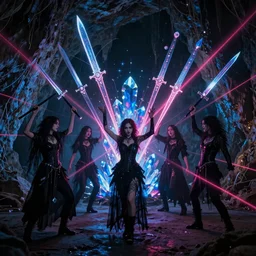 goth disco in a cave with holographic knives!!! with pink lasers and blue crystals, brutal weapons!!! swords!!! goth people dancing, dark evil ritual, 8 k photograph
